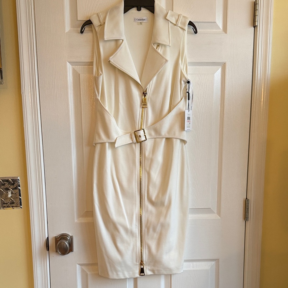 Calvin Klein Cream Zip-Front Midi Dress